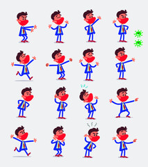 Cartoon character businessman with mask and virus COVID in smart casual style. Set with different postures, attitudes and poses, doing different activities in isolated vector illustrations.
