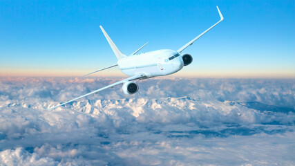 Naklejka premium Samolot startujący z lotniska - biały samolot komercyjny lecący nad miastem i jeziorem