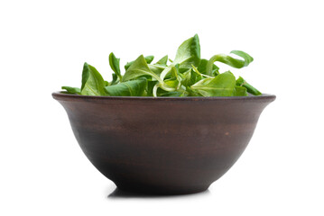 Mash salad in ceramic brown bowl isolated on white.
