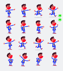 Cartoon character businessman with mask and virus COVID in smart casual style. Set with different postures, attitudes and poses, doing different activities in isolated vector illustrations.
