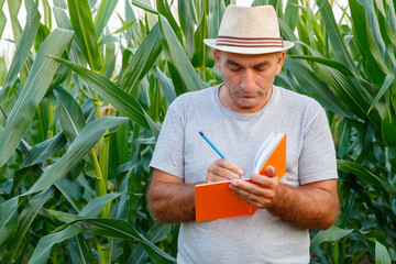 Farmer Writing in Notebook Near Corn Field