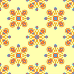 Seamless geometric pattern on a yellow background. Fantasy colorful ornament. Suitable for wrapping paper, background and other decoration purposes.