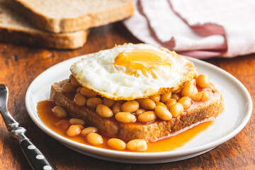 Toast with fried egg and baked beans.