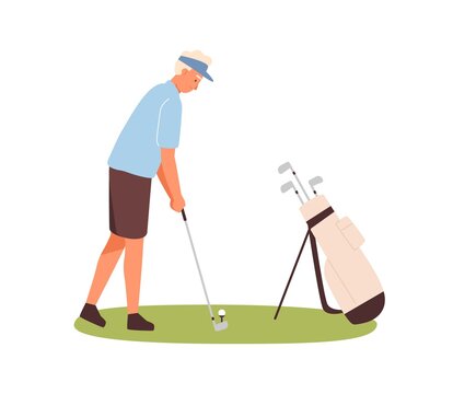 Active male golfer hitting ball with club vector flat illustration. Man professional golf player aiming holding niblick isolated on white. Guy in sportswear enjoying sports outdoor physical activity