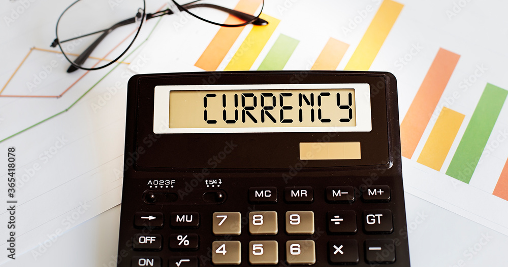 Poster calculator with the word currency on the display with chart and glasses