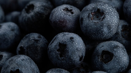blueberries with water drops close up, macro shot