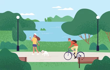 Schilderijen op glas Relaxed people enjoying recreational outdoor activities at summer forest park vector flat illustration. Woman eating ice cream and walking with dog, man riding on bike. Beautiful natural landscape © Good Studio