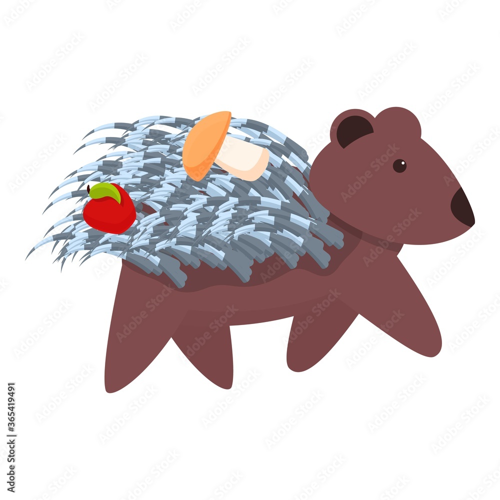 Poster porcupine with apple and mushroom icon. cartoon of porcupine with apple and mushroom vector icon for