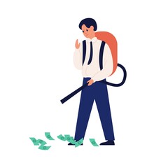 Happy businessman collect money use vacuum cleaner vector flat illustration. Successful male enjoying profit or income isolated on white. Guy catching cash banknote holding hoover