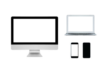 Smart computer laptop and smartphone with blank white screen isolated on white background.