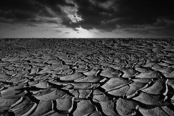Cracked dry land without water and sky background for Global warming concept
