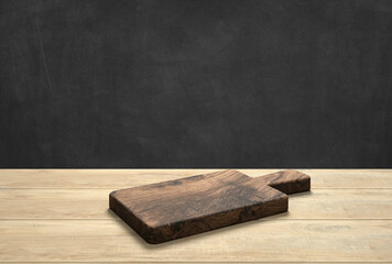 wooden table top with cutting board in front of blurred kitchen - 3D Illustration