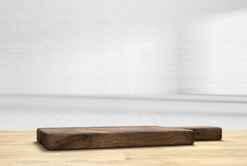 wooden table top with cutting board in front of blurred kitchen - 3D Illustration