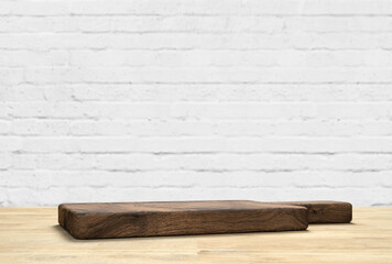 wooden table top with cutting board in front of blurred kitchen - 3D Illustration