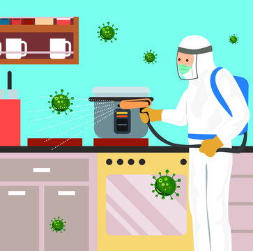Vector illustration of a coronary injection agent (Covid-19) in the kitchen.