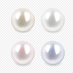 Set of Pearl isolated on transparent background. Spherical beautiful 3D realistic pearls of different color with shadow with transparent glares and highlights. Jewel gems. Vector Illustration