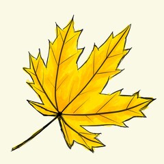 Digital sketch maple leaf. Black doodle outline and yellow colored foliage isolated on white. Watercolor imitation bright dark and light colors with stains. natural product