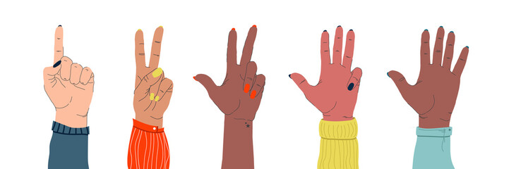 Set of female tender hands of different nationalities showing different gestures on an isolated white background. The concept of feminism and independence, female friendship and movement. vector 