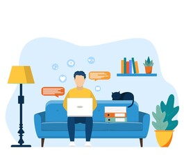 man with laptop sitting on the chair. Home office. Working at home. Lot of work. Freelance or studying concept. Stay at home. Vector illustration in flat style