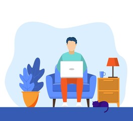 man with laptop sitting on the chair. Freelance or studying concept. web page design template for online education, training and courses, learning, video tutorials. Vector illustration in flat style