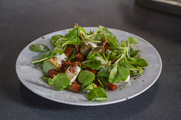 fresh salad with greens, mozzarella cheese, sun-dried tomatoes and green olives