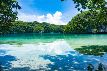 Calm Ocean, Shallow water, Lagoon, Green hills and Beach view of Omekang Island, Rock Island Southern Lagoon, Palau, Pacific, UNESC world heritage site