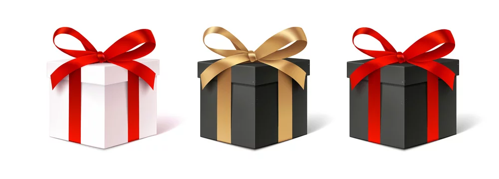 Set of decorative gift boxes isolated on white. Holiday decoration. Black friday sale collection.