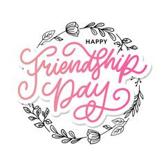 Vector illustration of hand drawn happy friendship day felicitation in fashion style with lettering text sign and color triangle for grunge effect isolated on white background