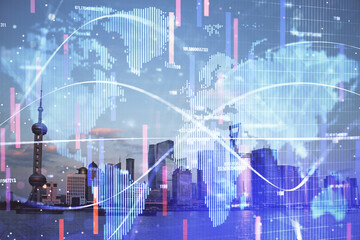 Double exposure of business theme hologram drawing and city veiw background. Concept of success.