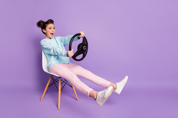 Portrait of her she nice-looking attractive funny glad cheerful cheery girl sitting on chair...