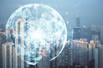 Double exposure of business theme hologram drawing and city veiw background. Concept of success.