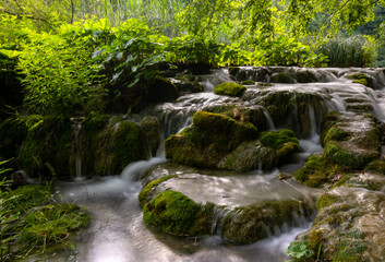 Wasserfälle Plitvicer Seen Kroatien Naturschutzgebiet Nationalpark Panorama Langzeitbelichtung Pflanzen Idyll Biotp grün Schönheit Karst Gegenlicht Attraktion Sehenswürdigkeit Korana Travertin Stufen 