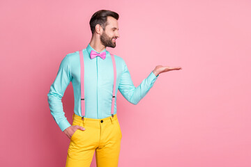 Portrait of his he nice attractive imposing elegant glad content cheerful cheery bearded guy artist...