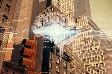 Brain hologram drawing on cityscape background multi exposure. Ai in modern city concept.