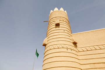 Corner Tower of a historical Fort in Raghba in Saudi Arabia. The fort is currently undergoing extensive restoration