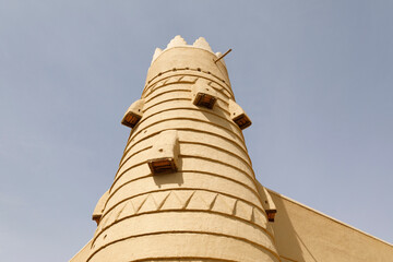 Corner Tower of a historical Fort in Raghba in Saudi Arabia. The fort is currently undergoing extensive restoration