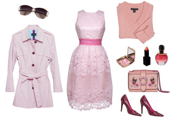 Collage pink woman clothes. Set of a stylish and trendy women trench coat, sleeveless evening dress...