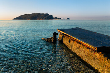  Dog standing in blue sea water near peir. Sun glare on the surface of Adriatic sea.Sunrise seascape with island and dog in water.