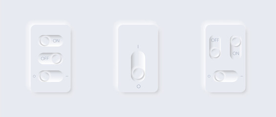 Remote with buttons on off, minimal neomorphism style. Editable template with vertical and horizontal arrangement of switches. For the mobile site application. Realistic interface white background. 3d
