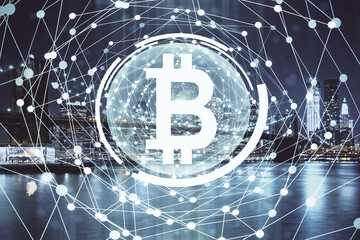 Multi exposure of cryptocurrency theme hologram drawing and city veiw background. Concept of blockchain and bitcoin.