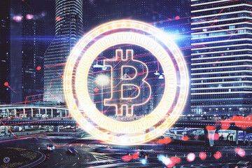 Multi exposure of cryptocurrency theme hologram drawing and city veiw background. Concept of...