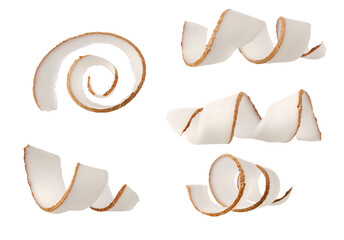 Coconut fruit spiral curl piece set isolated on white background - obrazy, fototapety, plakaty