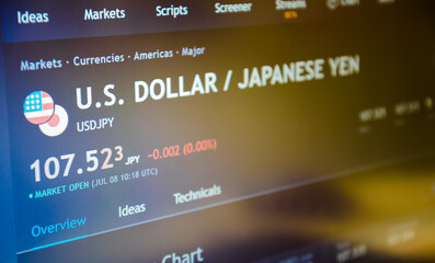 Currency pairs on stock market or forex trading platform. Dollar / Japanese Yen on stock market. - 365426484