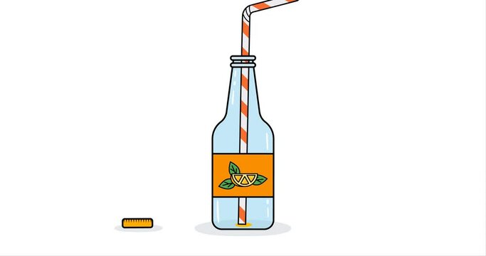 Bottle of carbonated orange drink is opened and drunk through straw. Vector 4k animation
