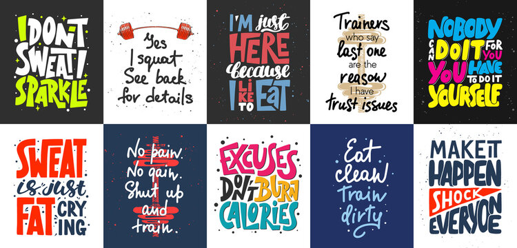 Set of 10 motivational and inspirational lettering posters, decoration, prints, t-shirt design for sport, gym or fitness. Hand drawn typography. Handwritten lettering. Modern ink brush calligraphy.