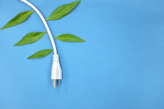 Electrical plug with growing green leaves in blue background. Save electricity and alternative energy concept.