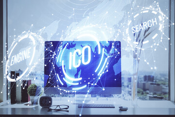 Double exposure of blockchain and crypto economy theme hologram and table with computer background....