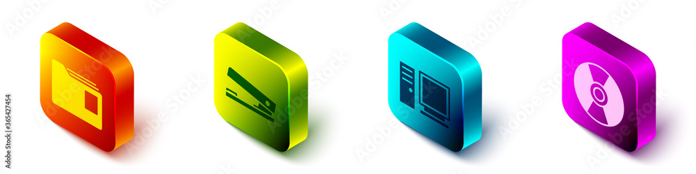 Aufkleber set isometric document folder, office stapler, computer monitor and cd or dvd disk icon. vector.