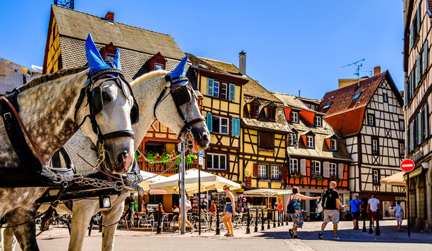 Colmar, France - July 9: famous old town with historic halftimbered facades in colmar on July 9, 2020