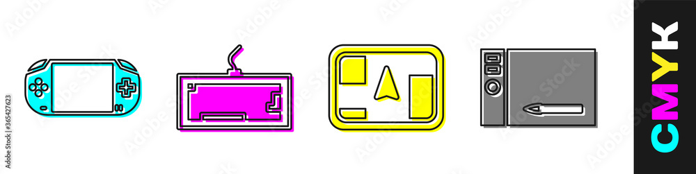Poster set portable video game console, keyboard, gps device with map and graphic tablet icon. vector.
